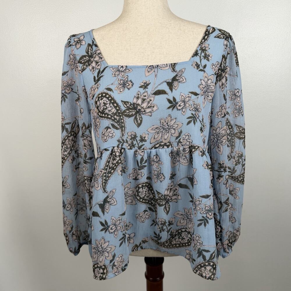 American Eagle Light Blue Paisley Floral Babydoll Tie Back Blouse Top Small